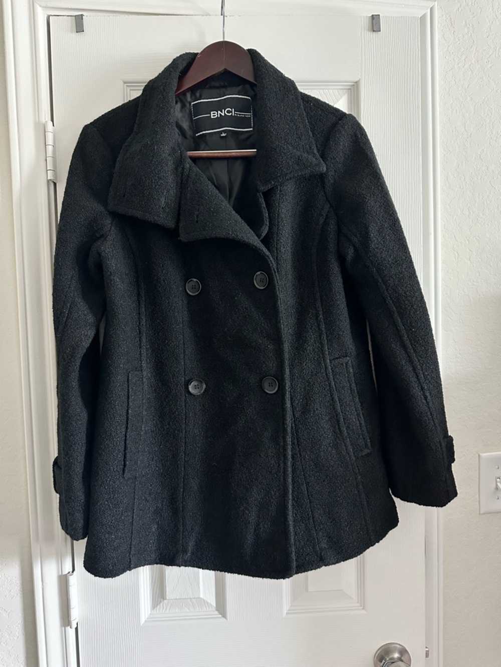 BNCI By Blanc Noir Women's Black Wool Blend Double-Breasted Pea Coat, Large